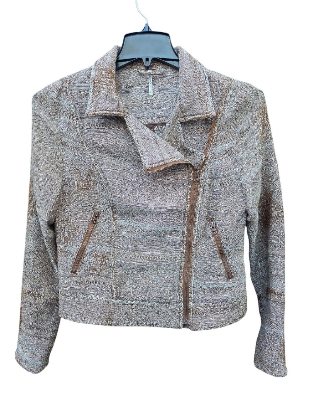 ​Free People Woven Jacquard Moto Jacket Boho Asymmetric Zip Brown Size 10